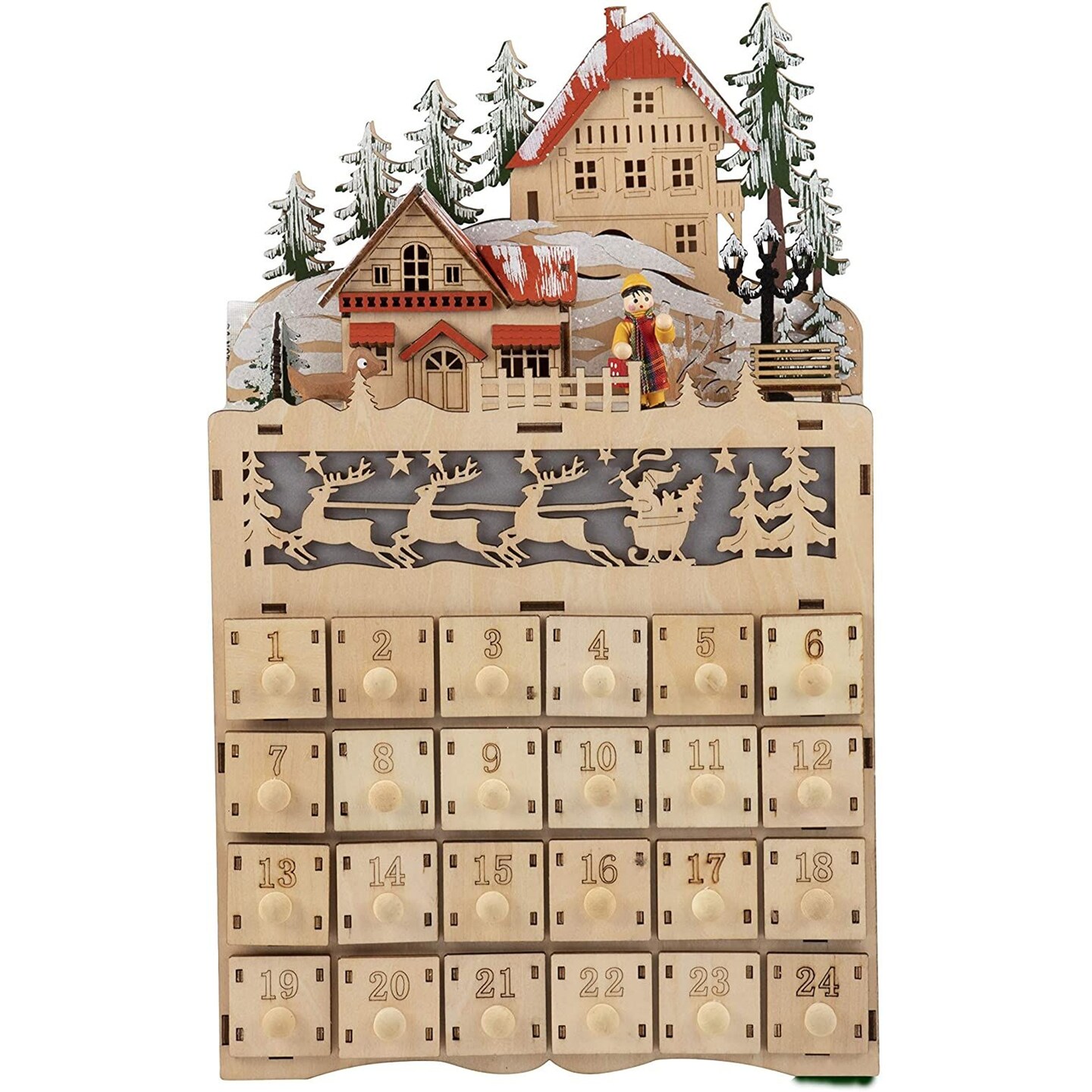 Wooden Advent Calendar, LED Light Up Reindeer Christmas Village, 24 Drawers Countdown (8.7 x 14.1 x 3.2 in)