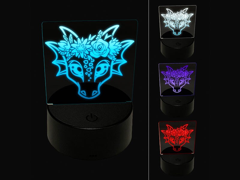Dragon Wearing a Flower Crown 3D Illusion LED Night Light Sign Nightstand Desk Lamp
