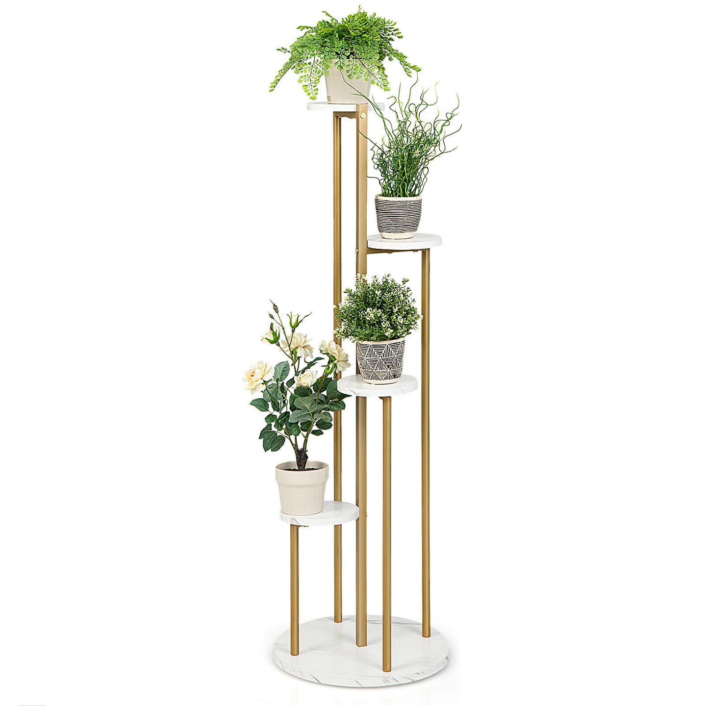 Golden White Multi-Tier Plant Display Stand with 4 Round Shelves MDF Steel