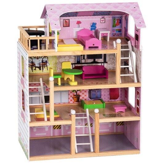 Wood Dollhouse Cottage with Furniture Playset for Kids