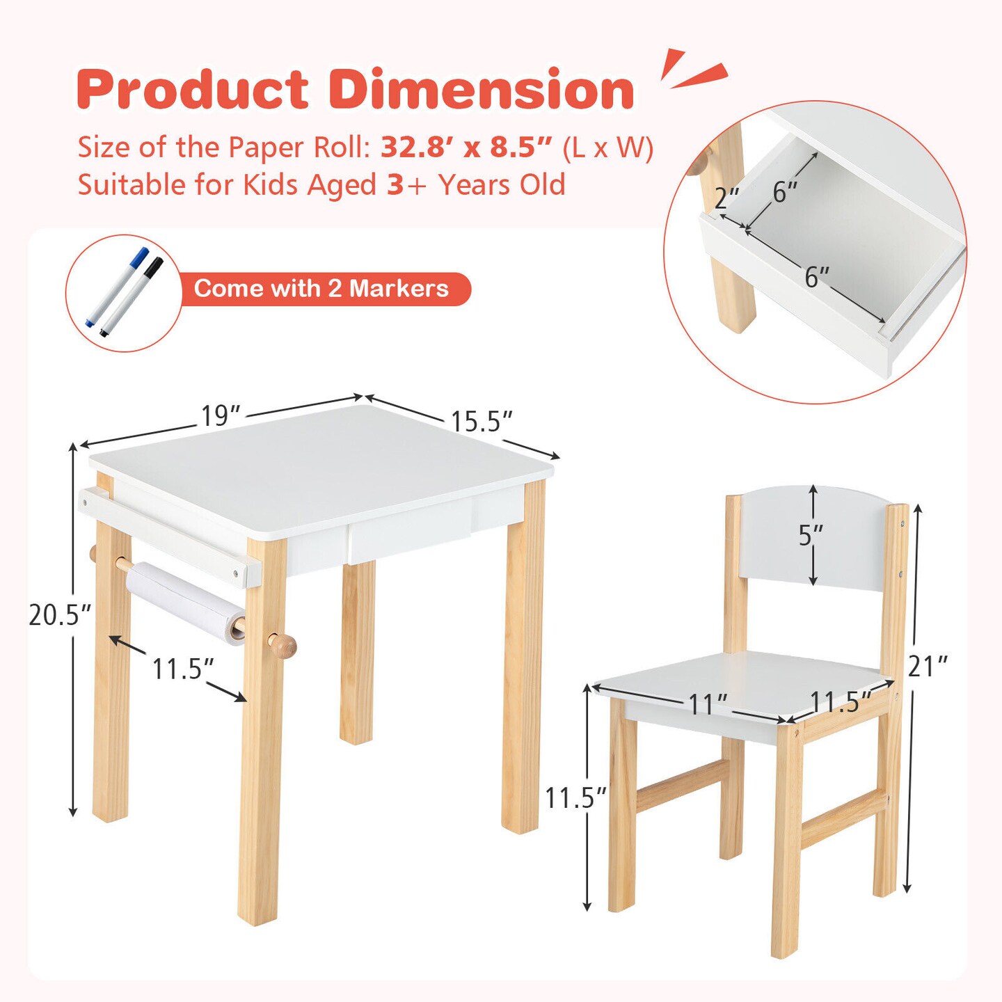 White Kids Art Table and Chair Set with Drawer Paper Roll and 2 Markers