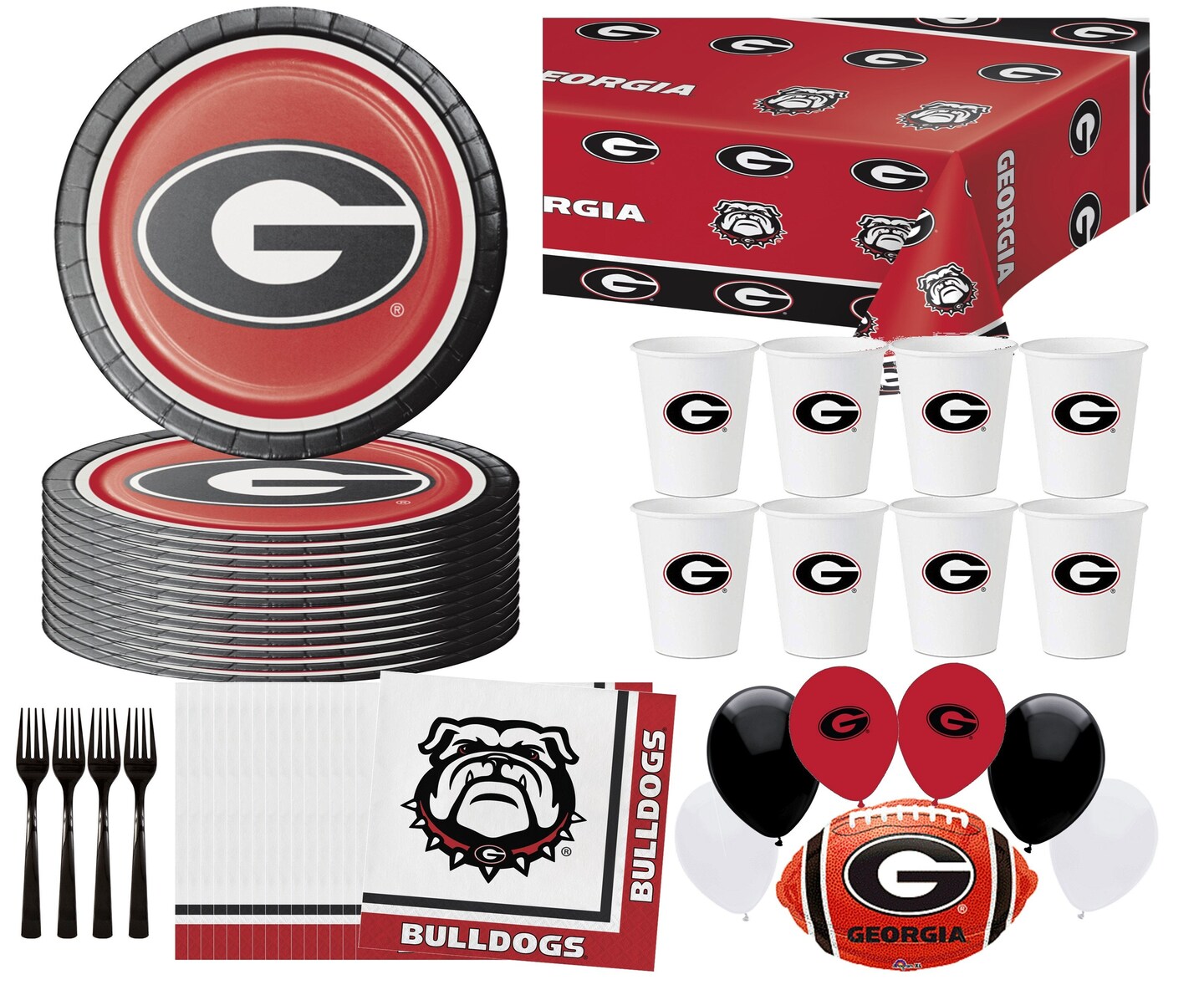 University of Georgia Party Supplies Bundle Tailgate Pack for 16 |  UGA Plates | UGA Napkins | UGA Cups | UGA Table Cover | UGA Balloons
