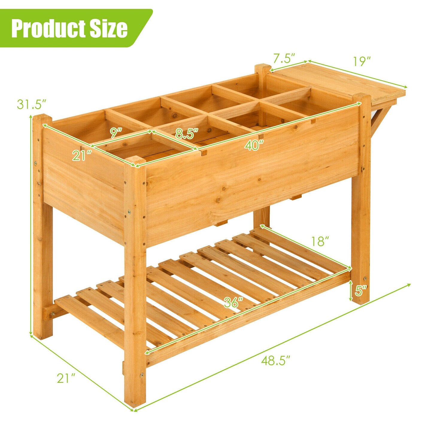 Natural Fir Wood Raised Garden Bed 47 Inch with Side and Bottom Shelves