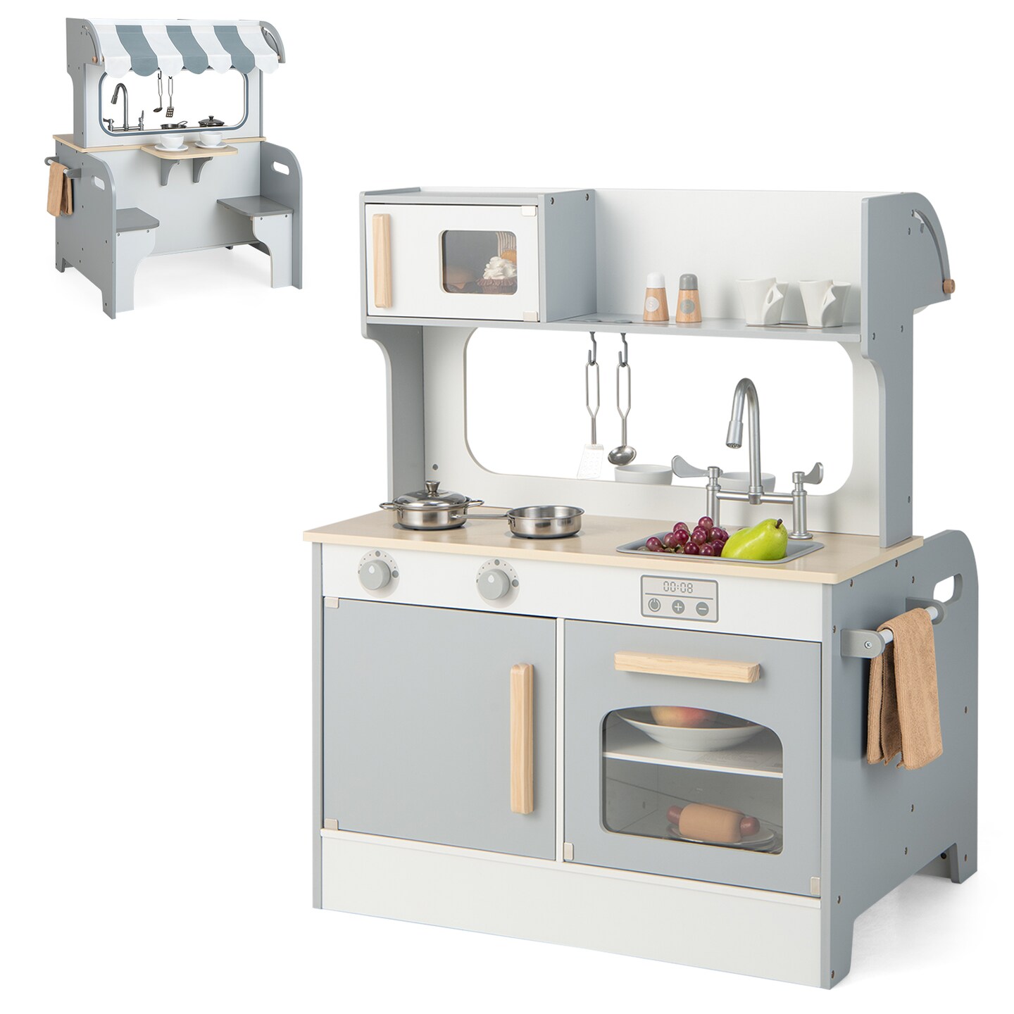 Grey Kids Play Kitchen with 2-Seat Cafe and Double Sided Design