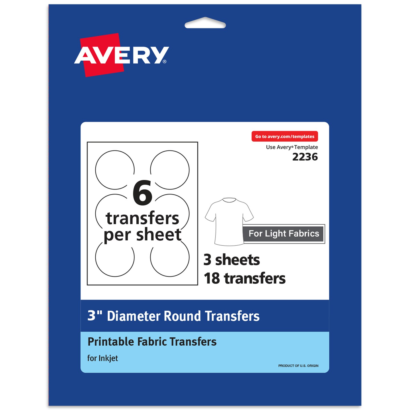 Avery Light Transfer Paper for T-Shirts, 3" Diameter Pre Die-Cut Iron-On Circle Transfers, Print-to-the-Edge, 3 Sheets of Heat Transfer Paper, 18 Total (02236)