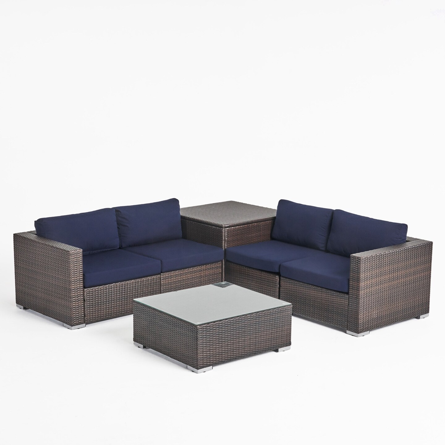 Brown wicker patio furniture on sale with blue cushions