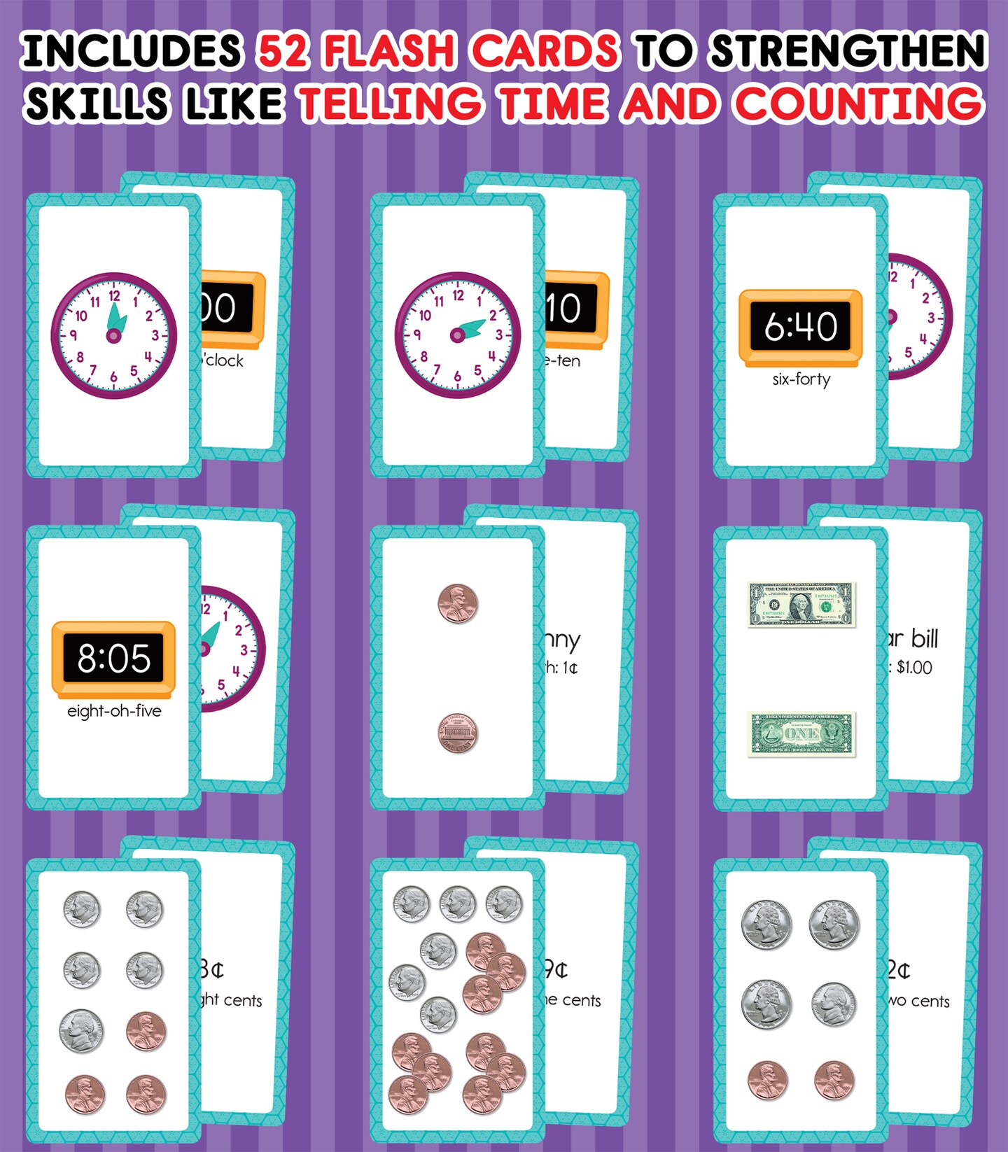 Carson Dellosa Telling Time Teaching Clocks for Kids Educational Bundle, Judy Clock Telling Time Clock and Time and Money Flash Cards, Telling Time and Counting Money Manipulatives