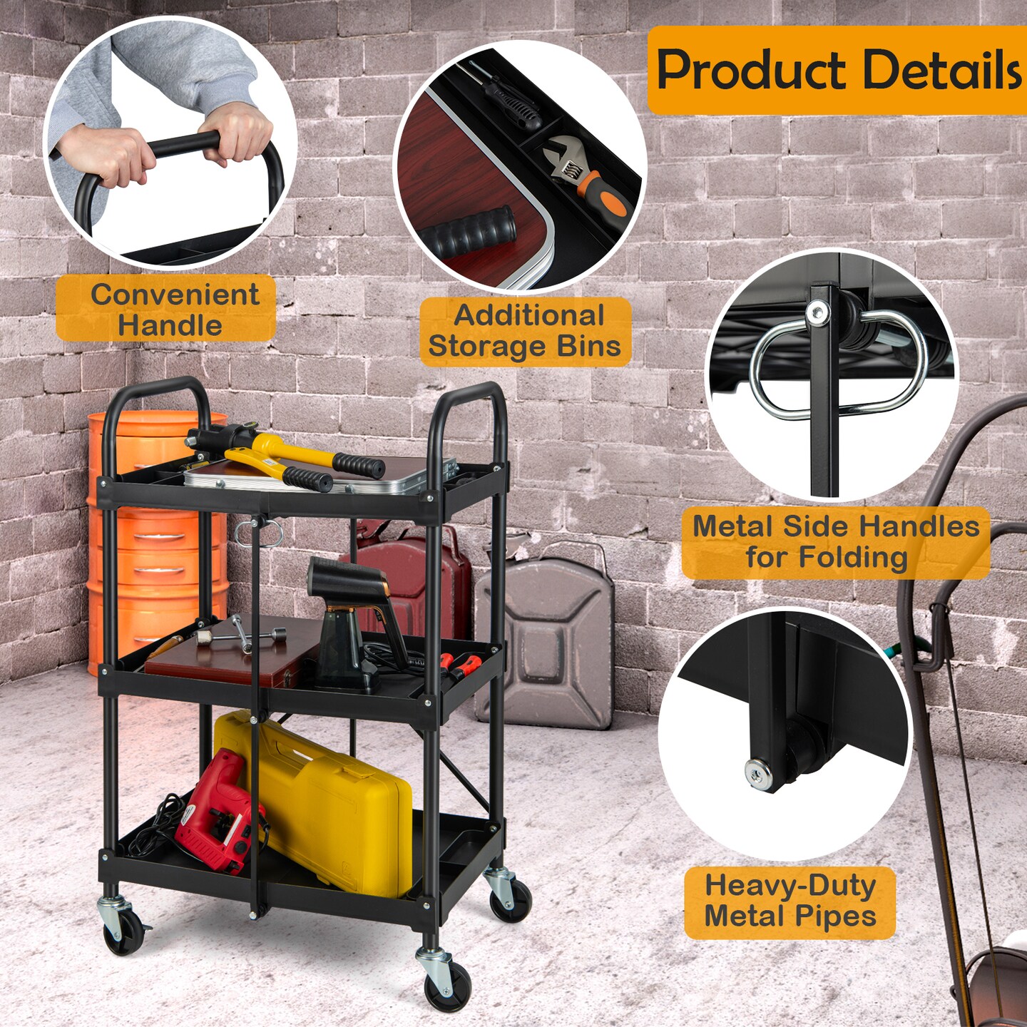 Costway Folding Collapsible Service Cart Heavy-Duty 3-Shelf Tool Cart with 4 Wheels