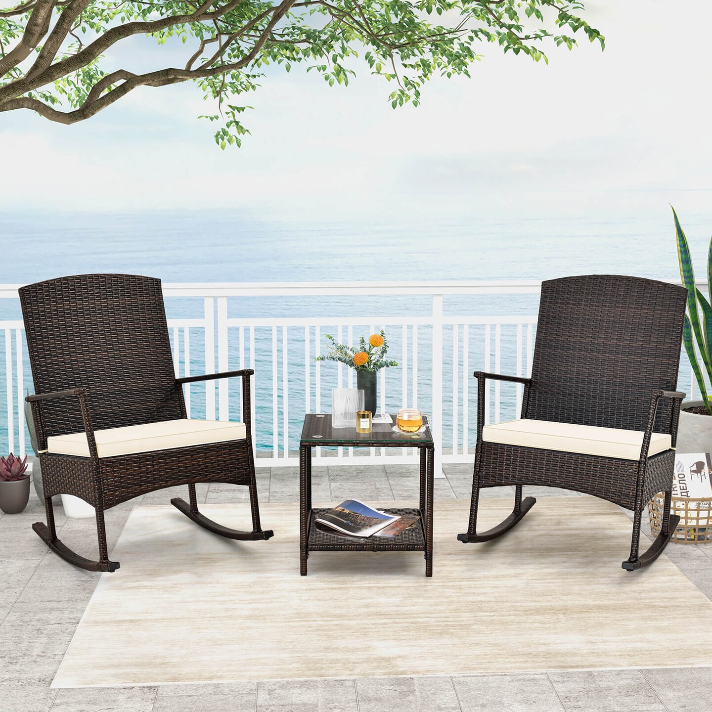 3 Piece Patio Rocking Set Wicker Rocking Chairs With 2-tier Coffee Table