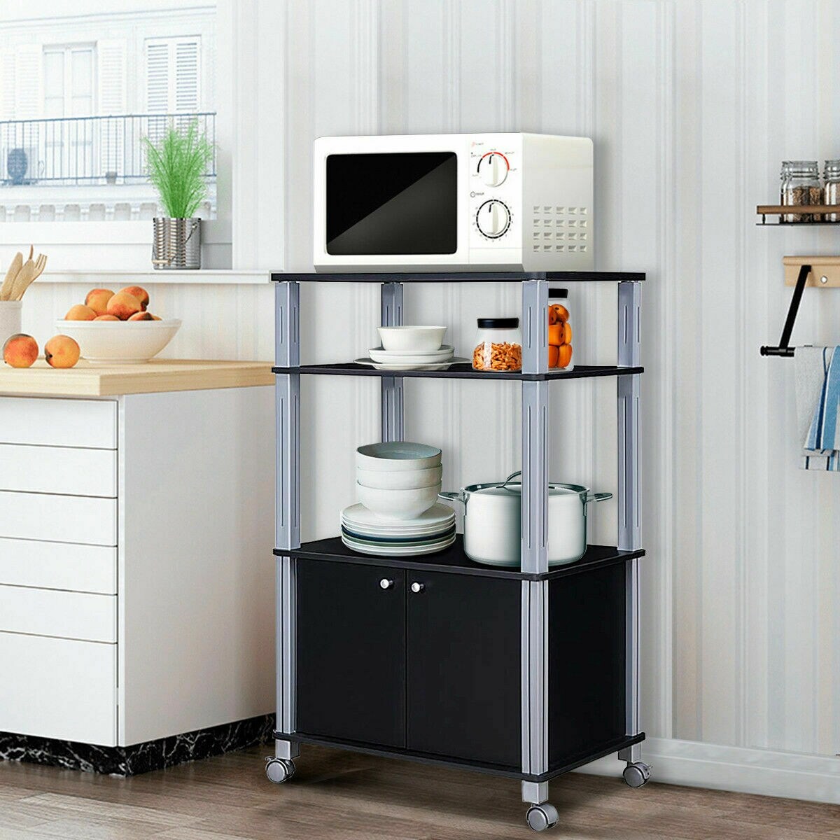 Multifunctional Rolling Kitchen Baker&#x2019;s Rack with 2-Tier Shelf and Cabinet