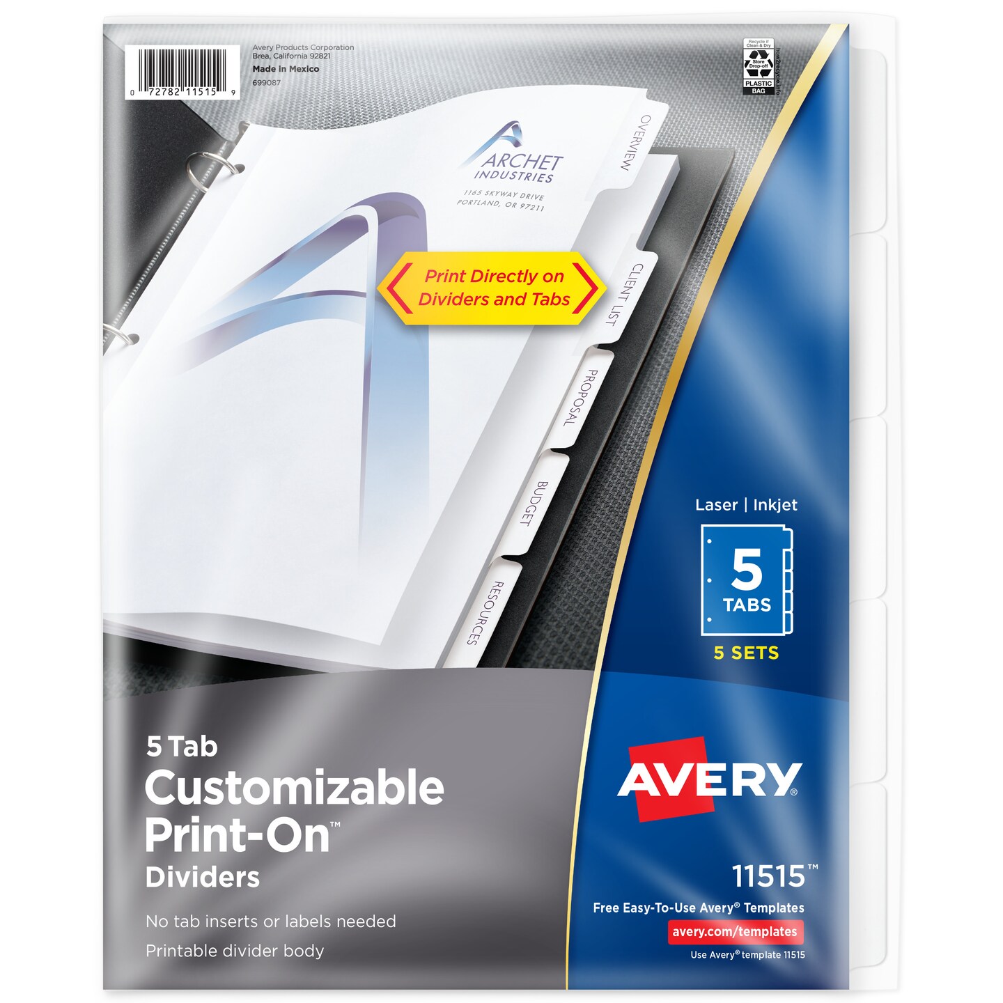 Avery Customizable Print-On Dividers for 3 Ring Binders, 5-Tab Set, 5 Sets (11515)