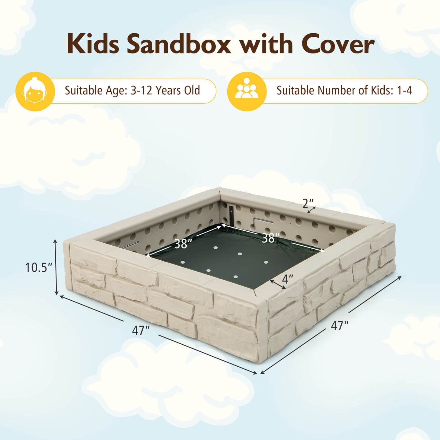 Kids Sandbox with Cover Bottom Liner and Brick Design