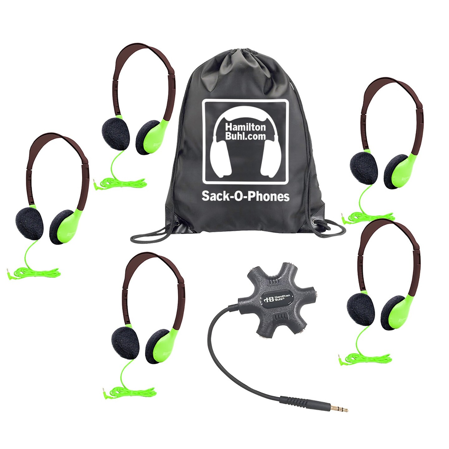 Galaxy&#x2122; Econo-Line of Sack-O-Phones with 5 Green Personal-Sized Headphones, Starfish Jackbox and Carry Bag