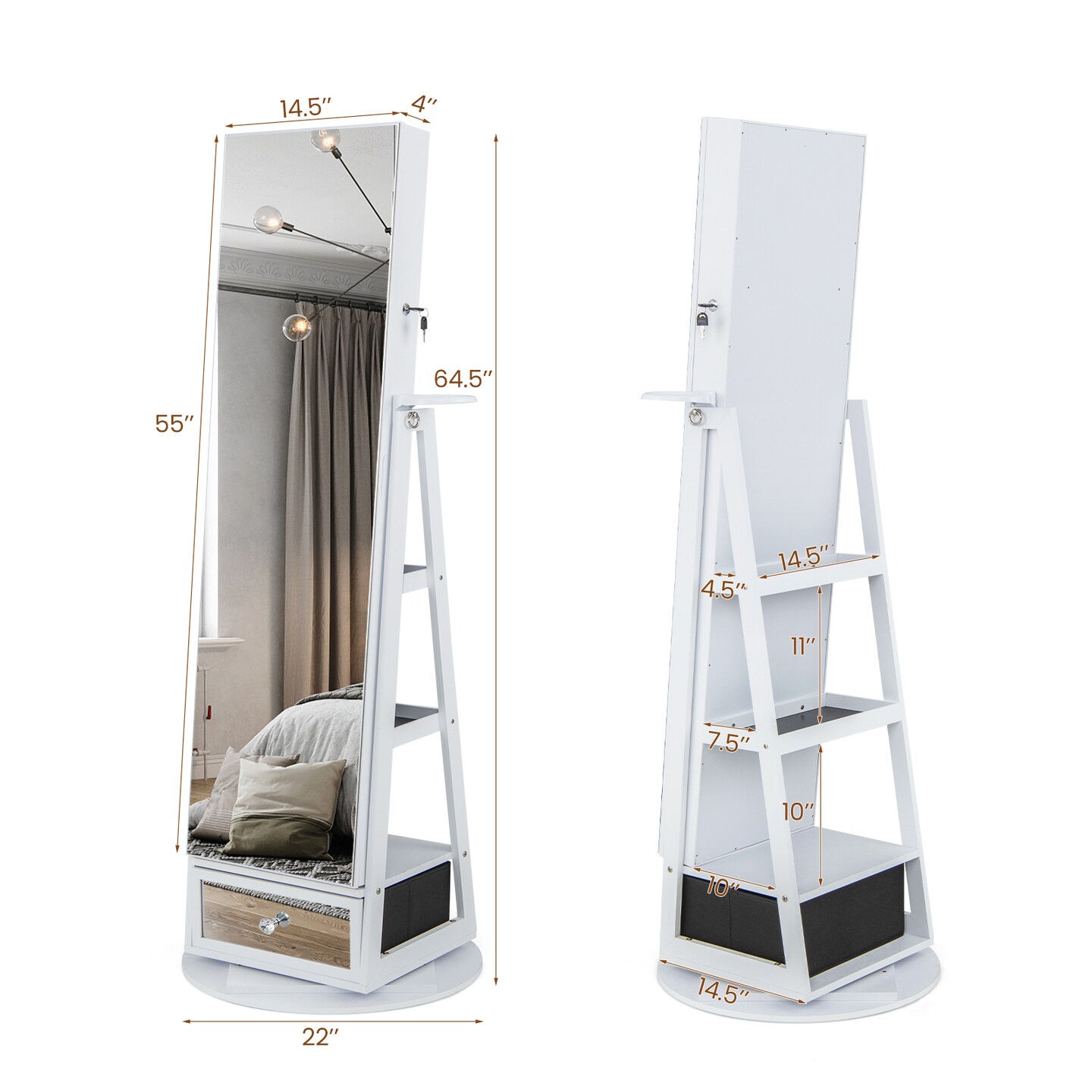 Lockable 360&#xB0; Swivel Jewelry Cabinet with Full-Length Mirror LED Lights-White