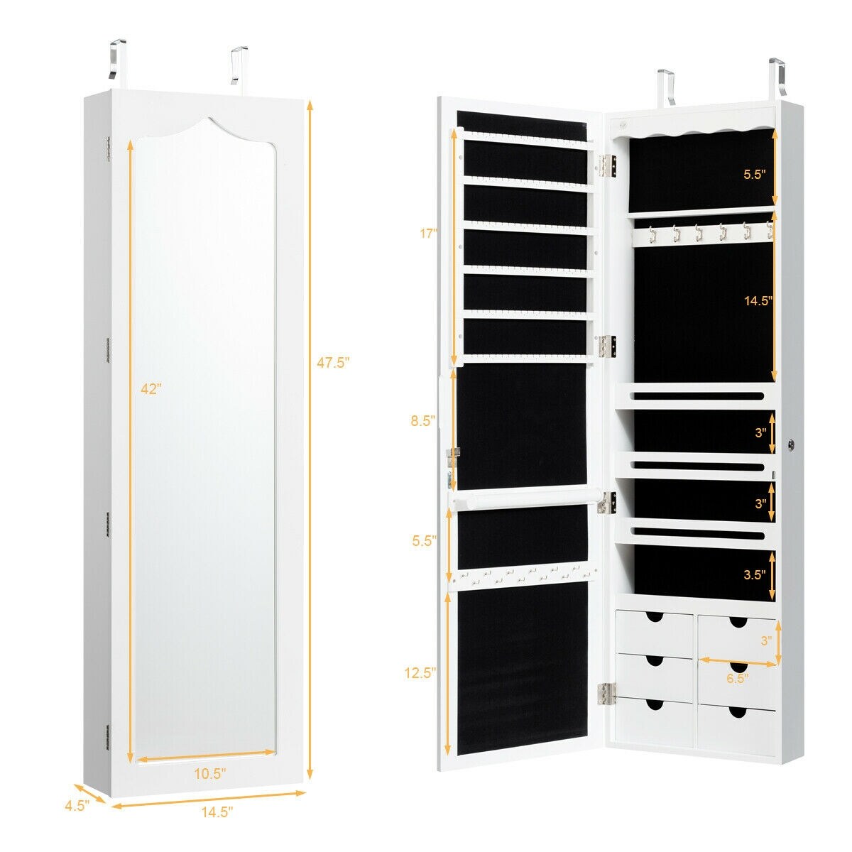 5 LED Lights Lockable Mirror Jewelry Cabinet Armoire With 6 Drawers