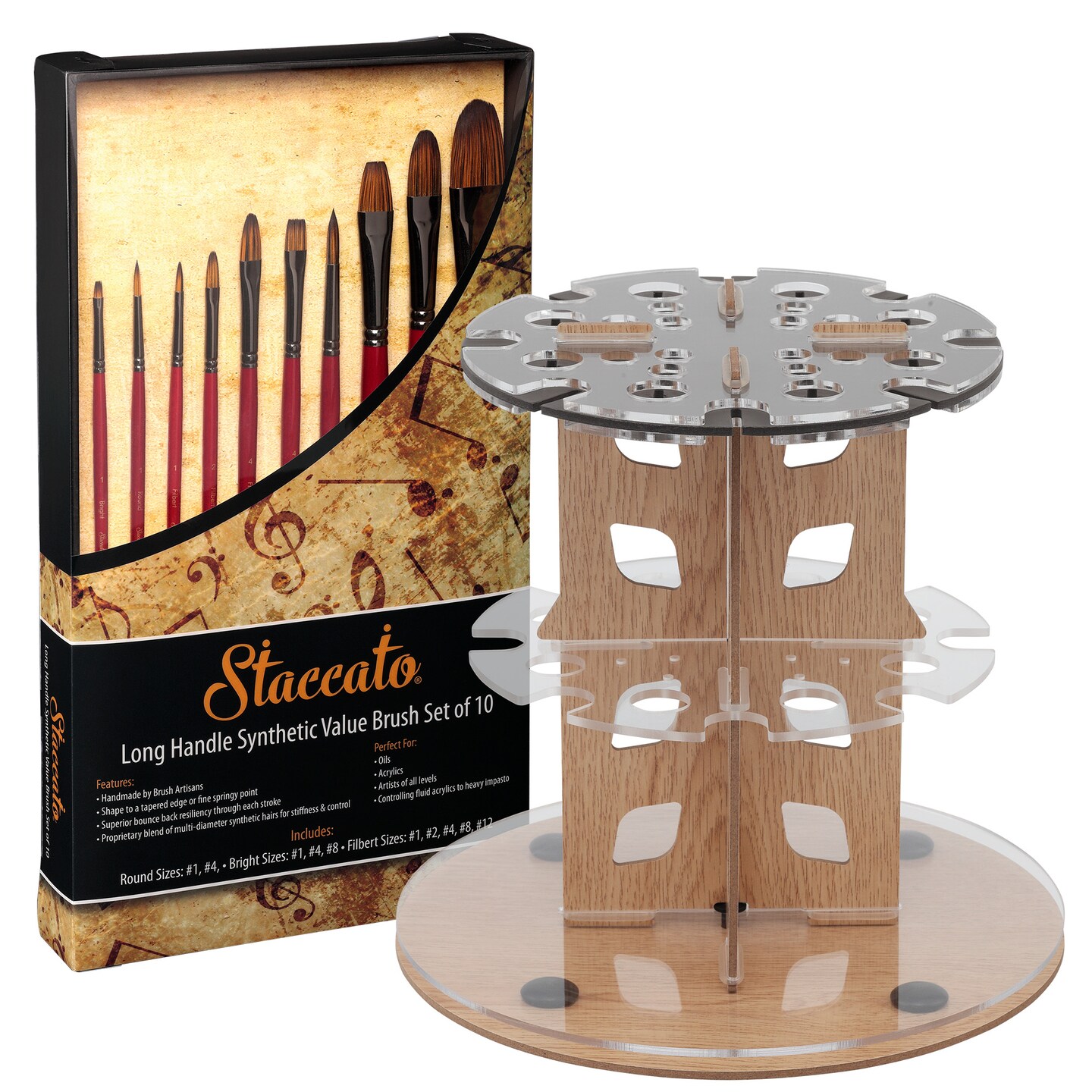 Mezzo Rotating Paint Brush Storage Rack w/ Creative Mark Staccato Synthetic Hand Crafted Fine Artist Paint Brush Set of 10 Multimedia Paint Brushes w/ Brush Drying Carousel - Holds Up to 28 Brushes