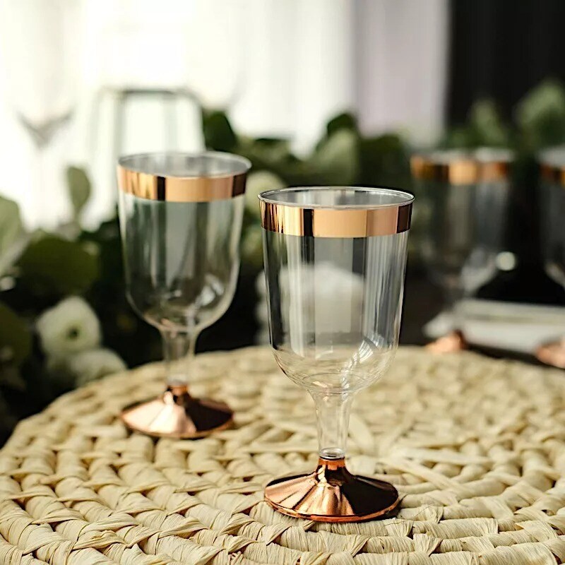 12 CLEAR ROSE GOLD RIM 6.5 oz Disposable Goblets Glasses