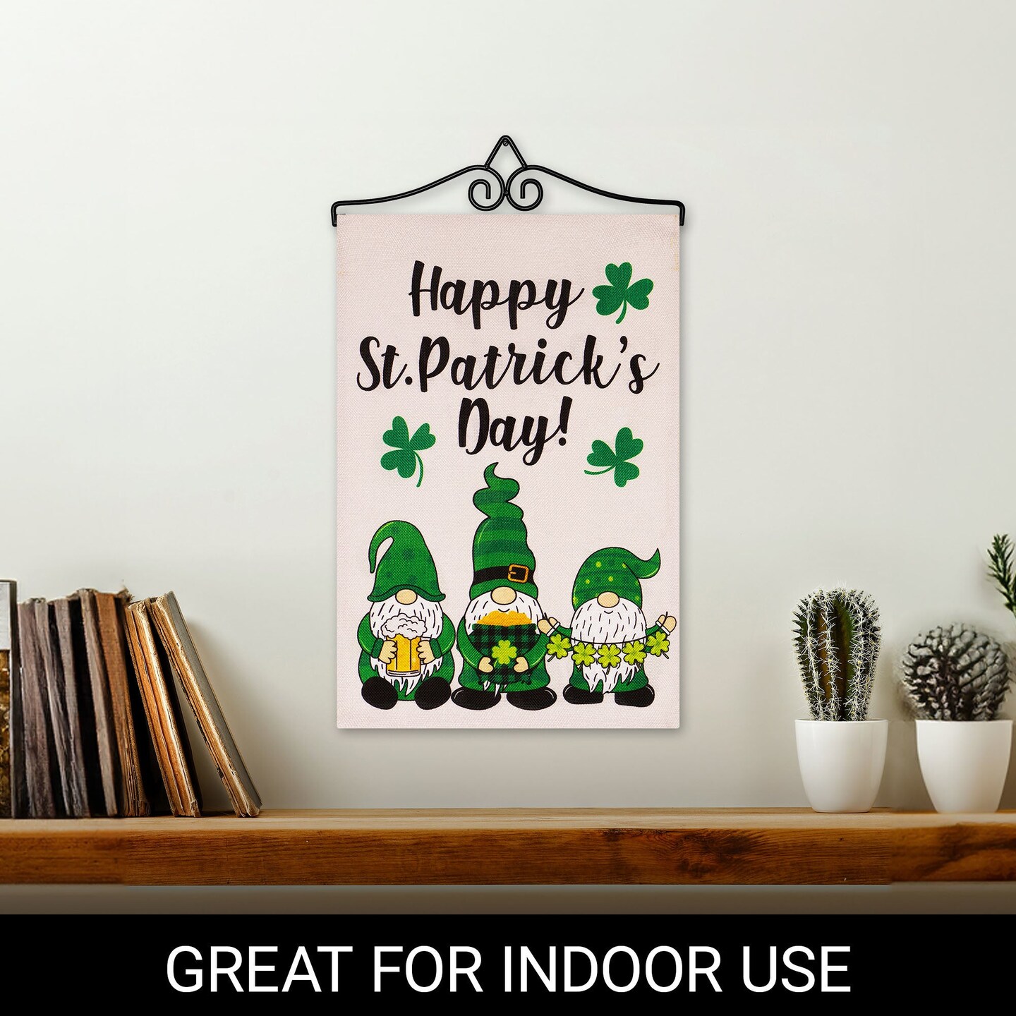 G128 Combo Pack Garden Flag Hanger 14IN &#x26; Garden Flag Happy St. Patrick&#x27;s Day 3 Leprechaun Gnomes 12x18IN Printed Double Sided Burlap Fabric