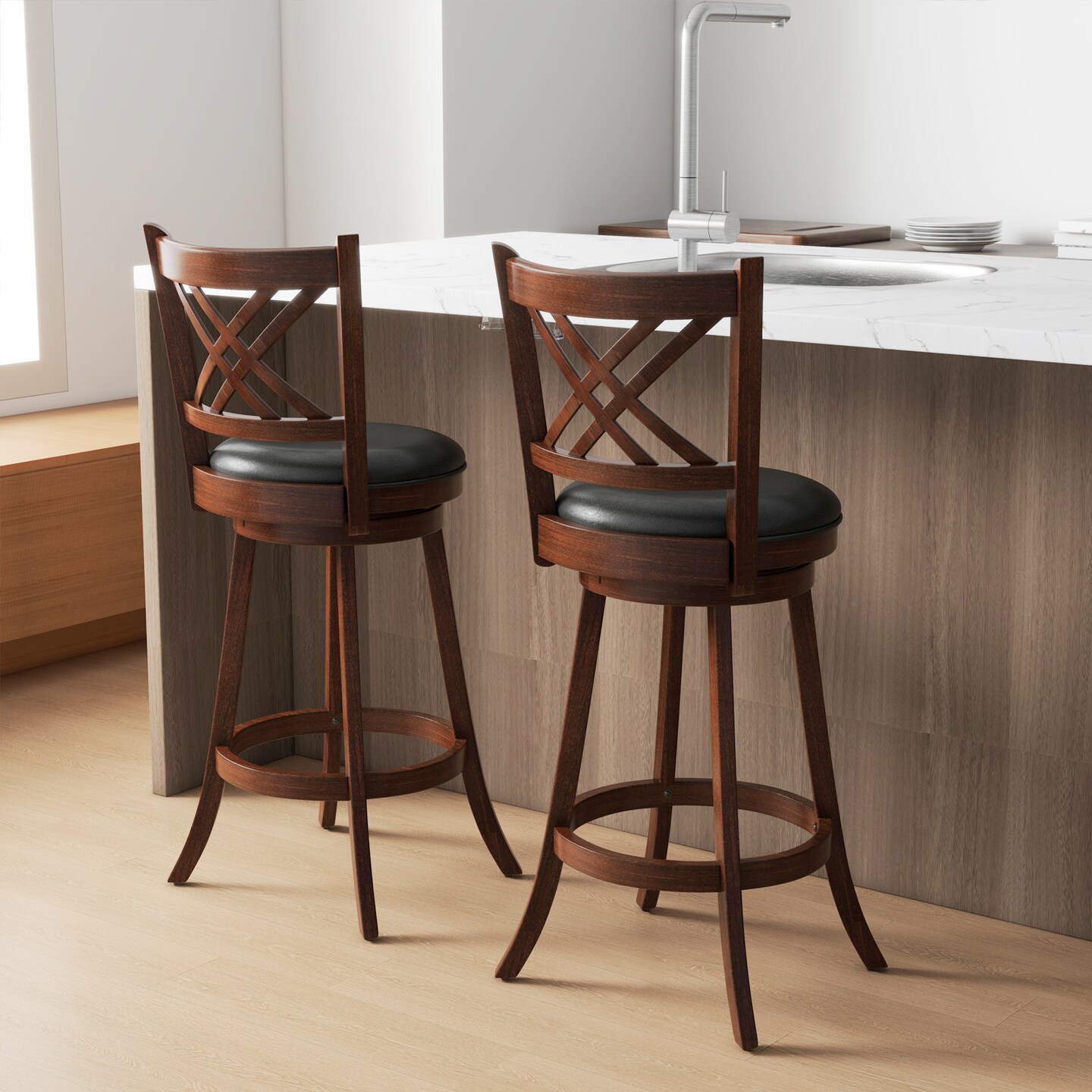 360° Swivel Upholstered Barstools Set Of 2 With Back And Footrest