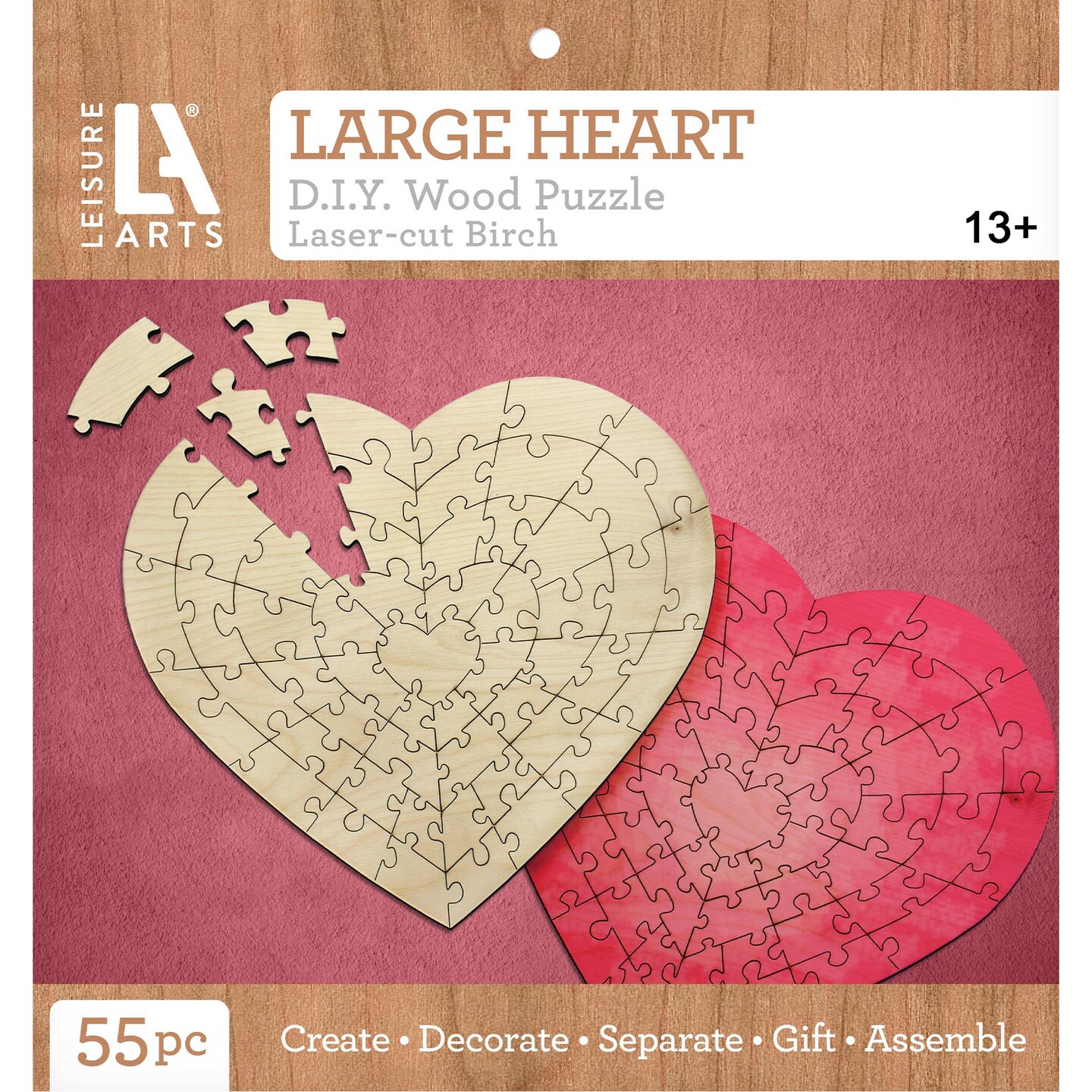 Leisure Arts Wood Puzzle Large Heart 55 pieces 12&#x22;x 11.5&#x22; Blank Puzzles, Make Your Own puzzle, Blank Puzzle Pieces Blank Wooden Puzzles DIY Jigsaw Puzzles, blank puzzles to draw on