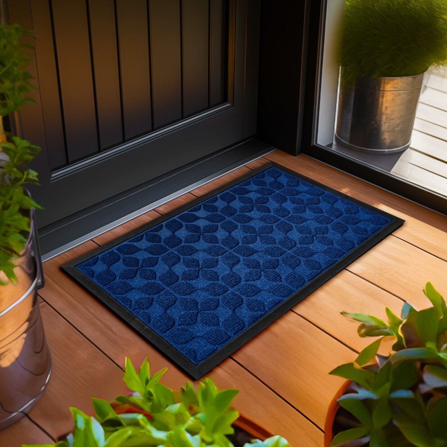 G128 Home Entrance Blue Geometric Floral Pattern Door Mat | 23x35 In | Thick Absorbent Natural Rubber Non Slip, Indoor/Outdoor, Easy Clean, Welcome Mats for Front Door/Patio/Garage