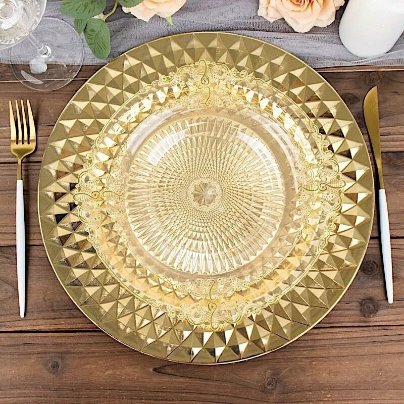 GOLD 6 Metallic 13&#x22; Round Plastic CHARGER PLATES Diamond Pattern