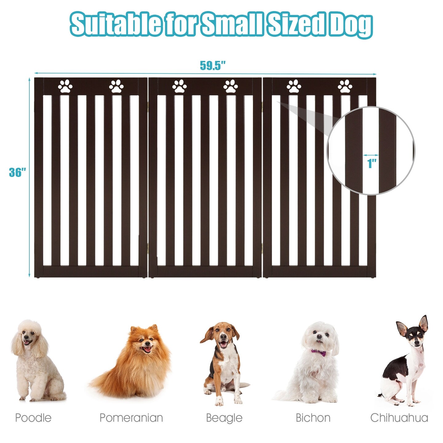 36 Inch Folding Wooden Pet Gate Freestanding Dog Gate with 360&#xB0; Flexible Hinge