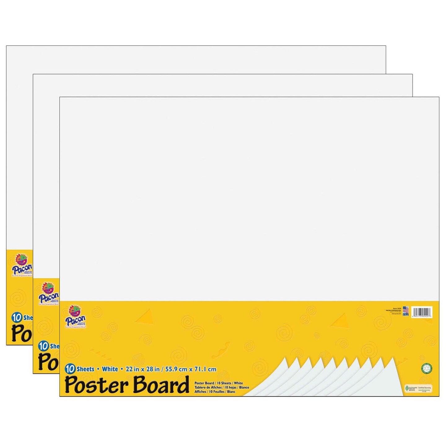 Poster Board, White, 22&#x22; x 28&#x22;, 10 Sheets Per Pack, 3 Packs