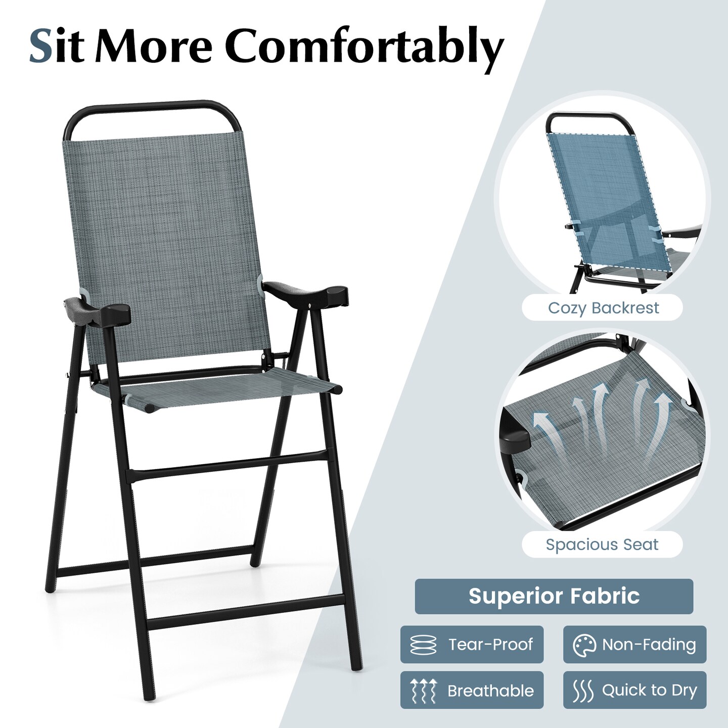 Patio Folding Bar Stool Set Of 2 With Metal Frame And Footrest