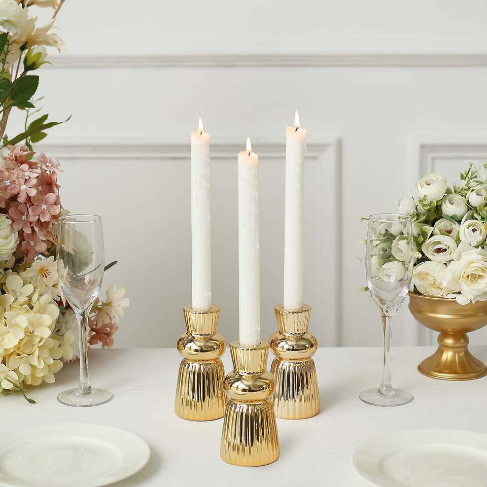 3 Metallic Gold 5 in Ribbed Fluted Ball Neck Ceramic Taper CANDLE HOLDERS