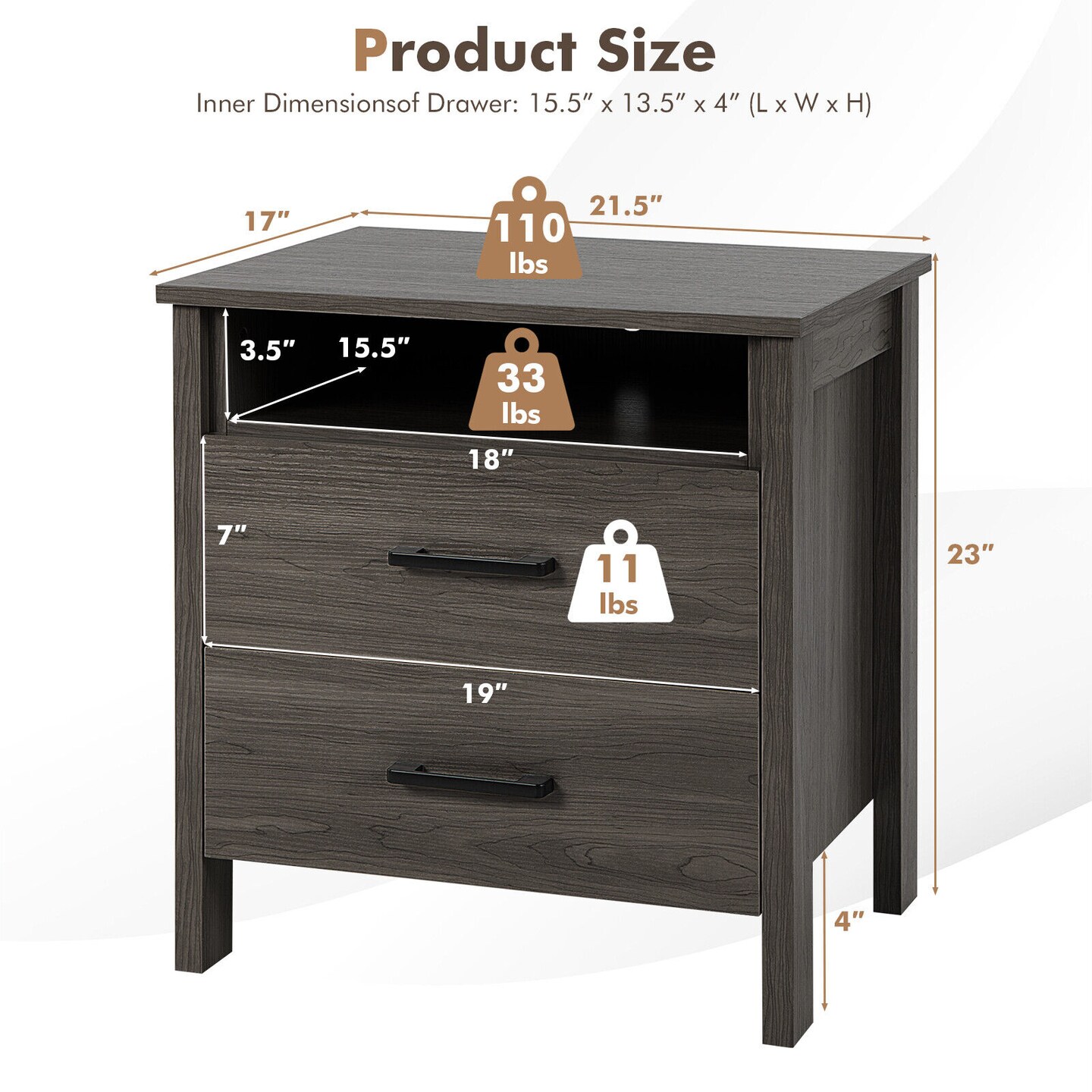 Modern Wood Grain Nightstand With Cable Hole And Open Compartment