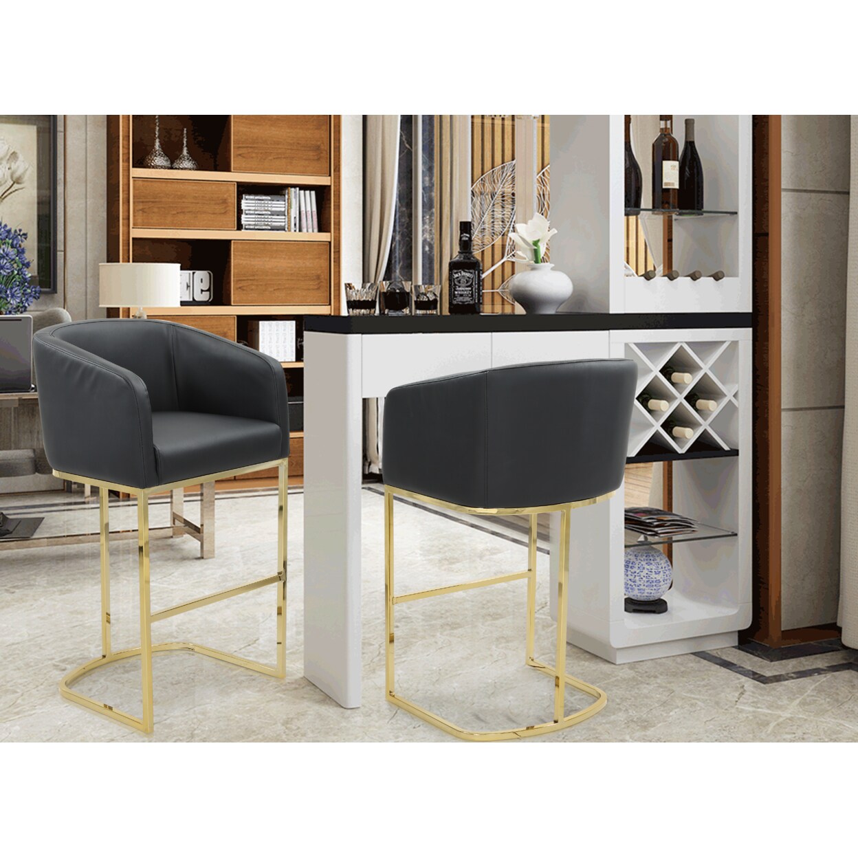 Iconic Home Tahiti Bar Stool or Counter Stool Chair PU Leather Upholstered Shelter Arm Design Half-Moon Goldtone Solid Metal