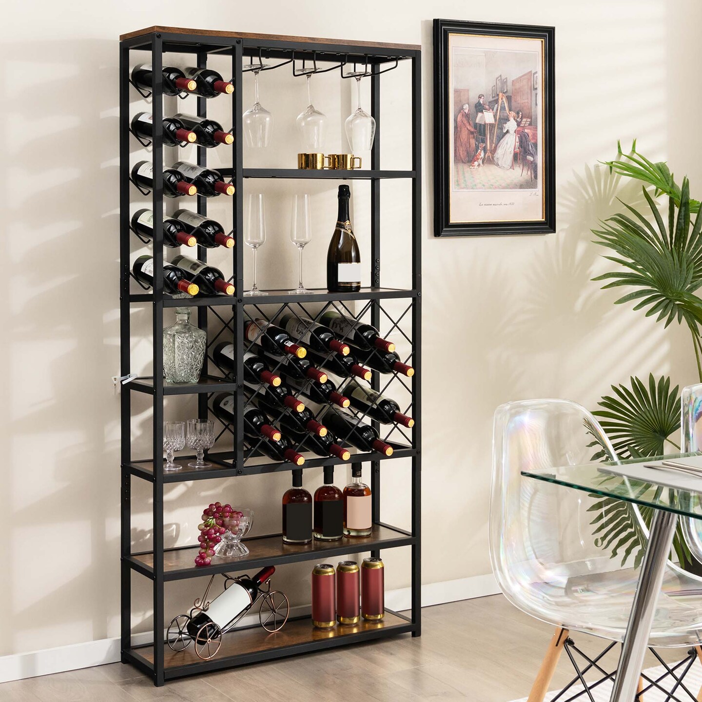 Costway Industrial Wine Rack Multi-purpose Freestanding Bakers Rack with Glass Holder