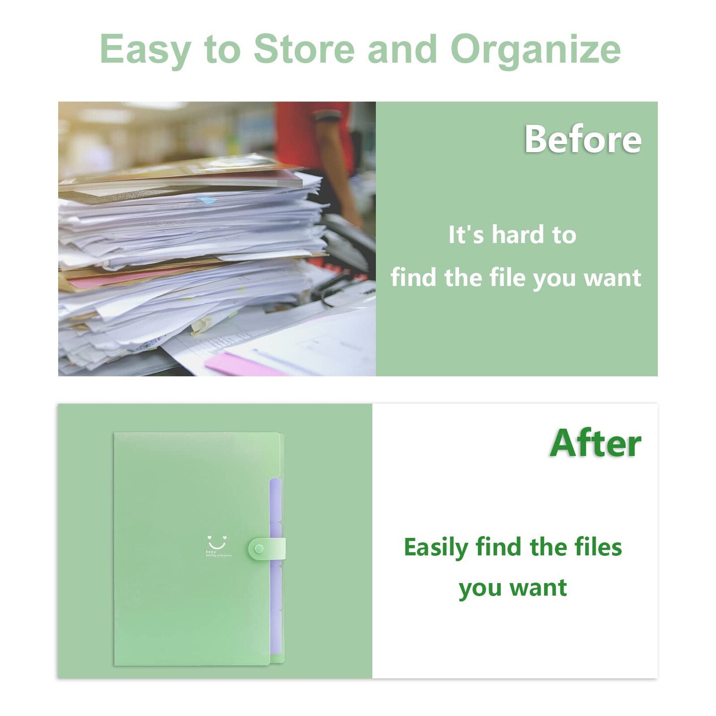 Forvencer Accordion File Organizer, Letter Size, 5 Pocket Expanding File Folder, Cute File Folder with Labels, Portable File Organizer for School Office Supplies, Folders for Documents, Green