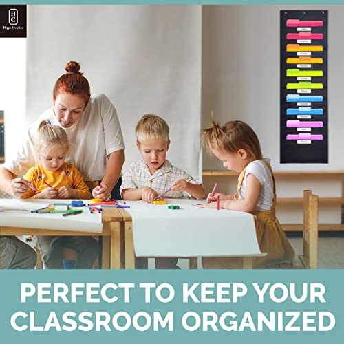 Black Pocket Chart for Classroom - 10 Pocket Storage Rainbow Pocket Charts , 3 Over Door Hangers Included, Hanging Wall File Organizer for File Folders, School Mailbox, Home/Office Papers