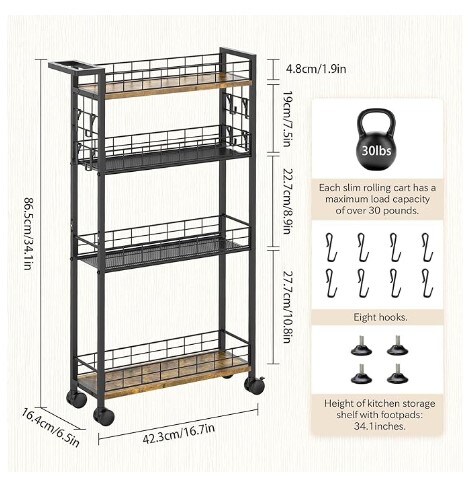 4 Tier Mobile Narrow Shelving Unit Organizer Utility Cart with Handle.