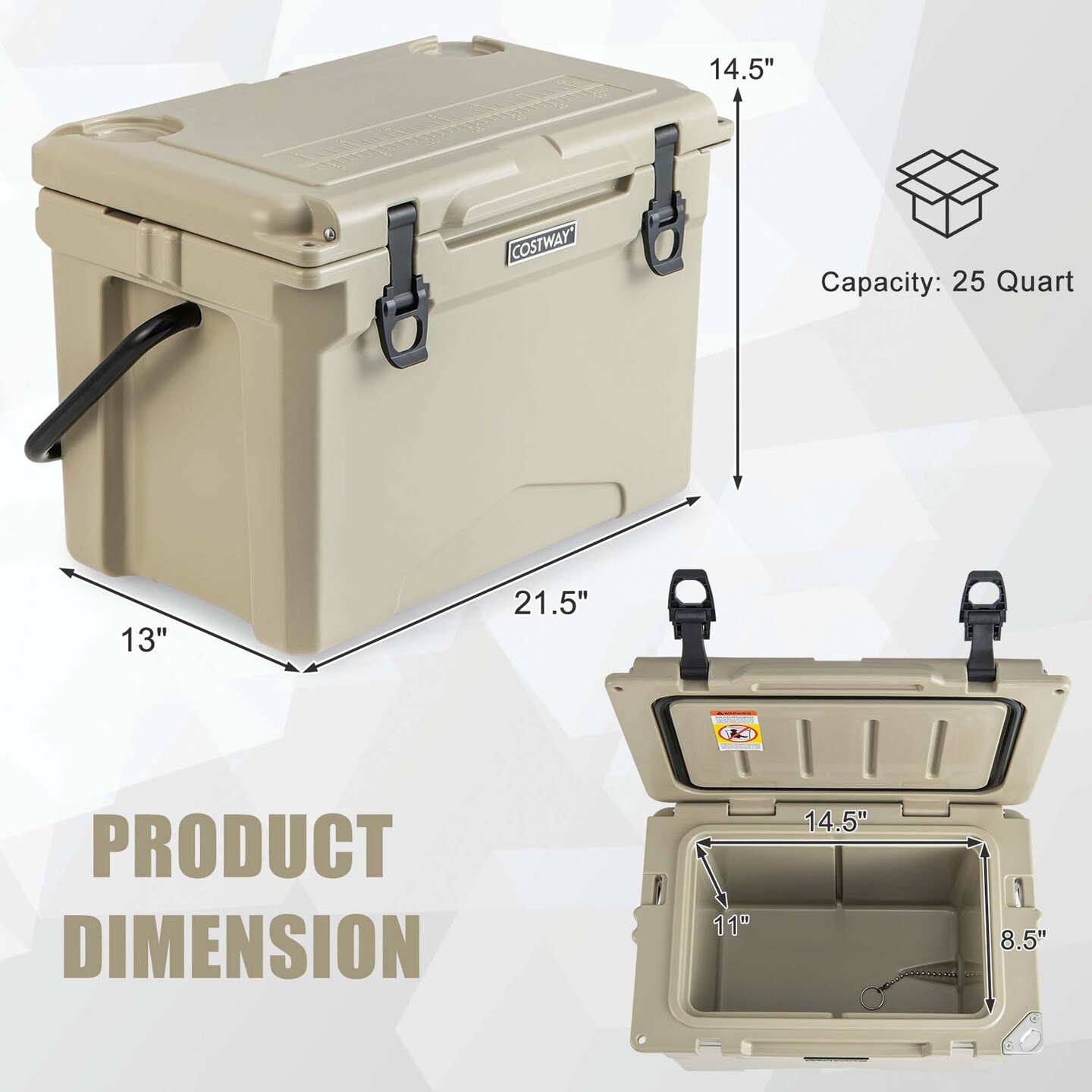Costway 25 QT Portable Cooler Rotomolded Ice Chest Insulated Ice Box for 5-7 Days Charcoal/Tan