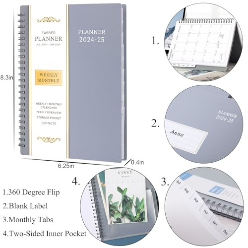 Academic Planner 2024-2025, Weekly and Monthly Planner, Jul. 2024 - Jun. 2025, 6.25&#x22; &#xD7; 8.3&#x22;, Tabs, Inner Pocket, Strong Twin-Wire Binding, Improving Your Time Management Skill