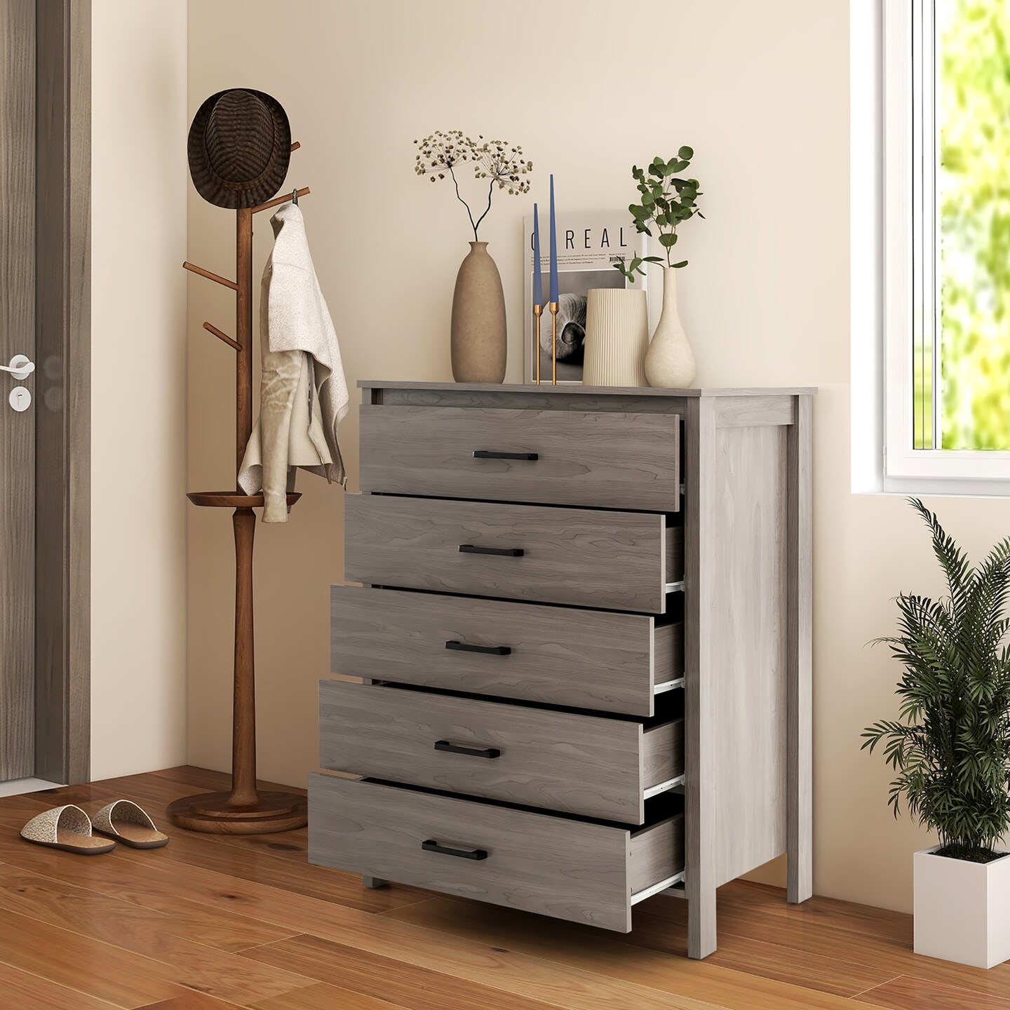 Costway Modern 5 Drawer Chest Storage Dresser Cabinet with Metal Handles Gray/White