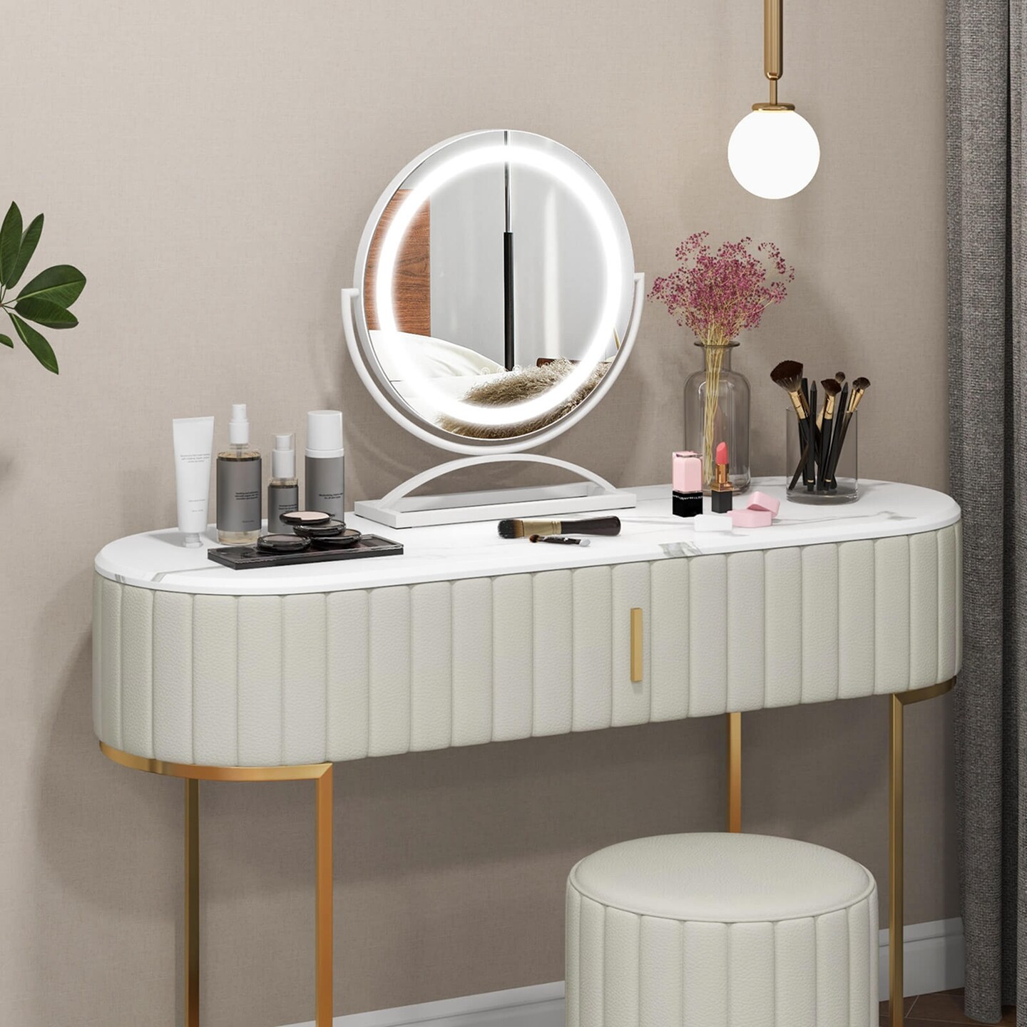 Costway 16" Round Makeup Vanity Mirror with Lights 3 Color Dimmable Touch Control Black/Gold/White
