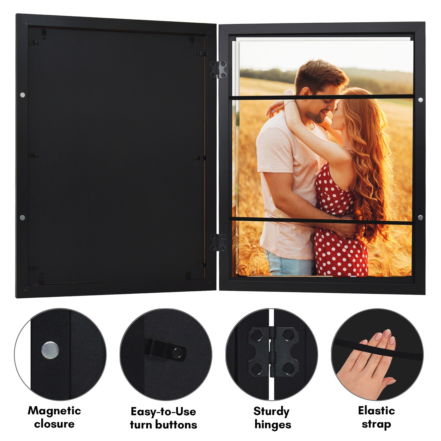 Americanflat Quick-Change Photo Storage Display Frame - Store up to 35 Pictures at Once with Elastic Strap Storage - Shatter Resistant Glass - Hanging Hardware - Includes Easel - Black