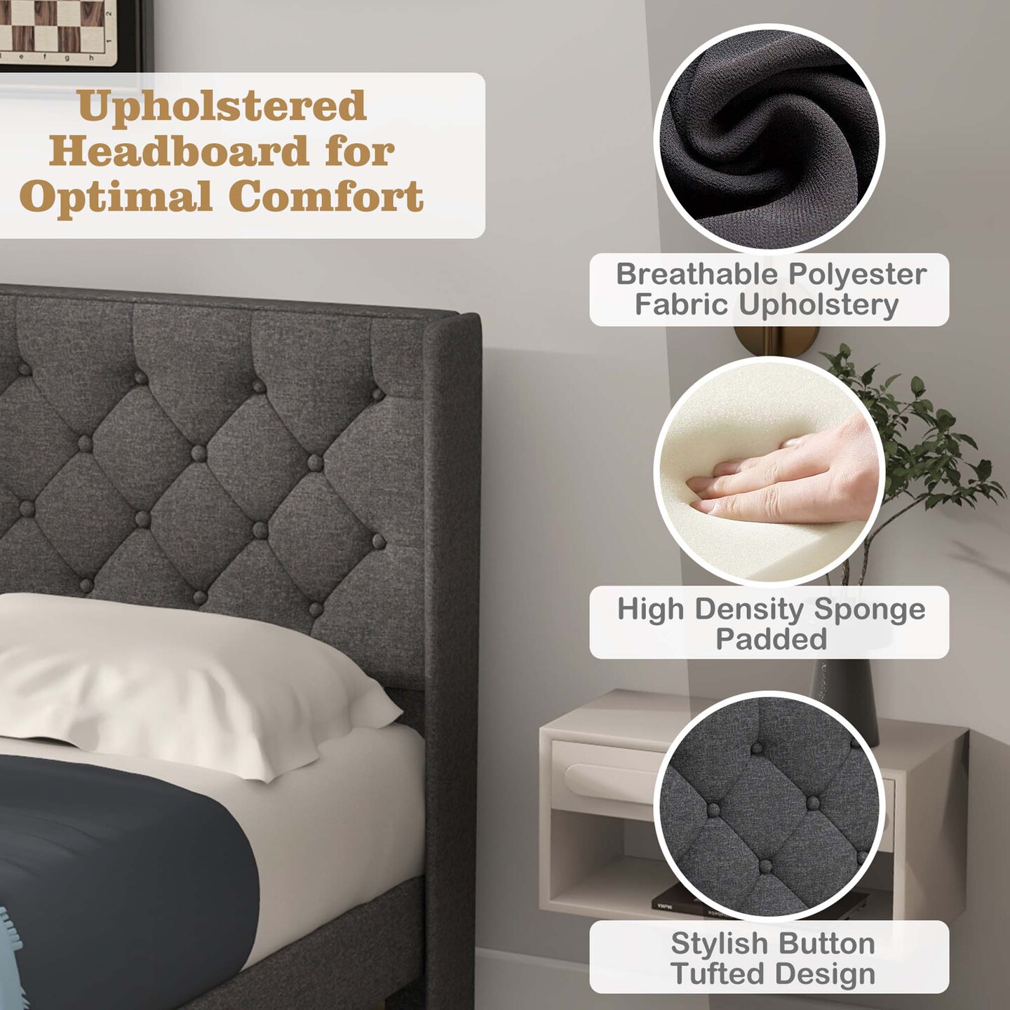 Costway Full/Queen/Twin Size Upholstered Platform Bed Tufted Headboard Mattress Foundation Grey