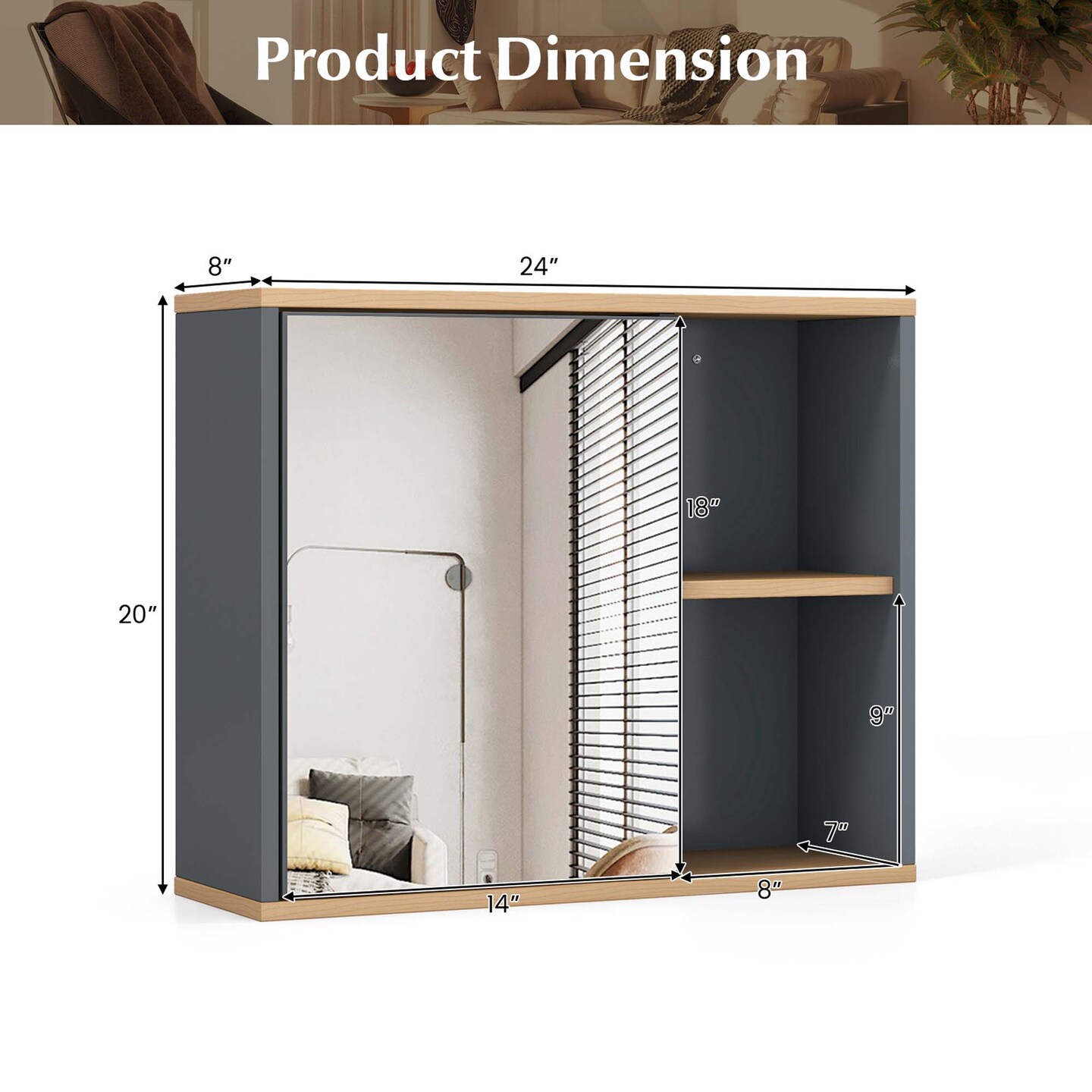 Costway Mirrored Medicine Cabinet Bathroom Wall Mounted with 3-Level Adjustable Shelf Grey