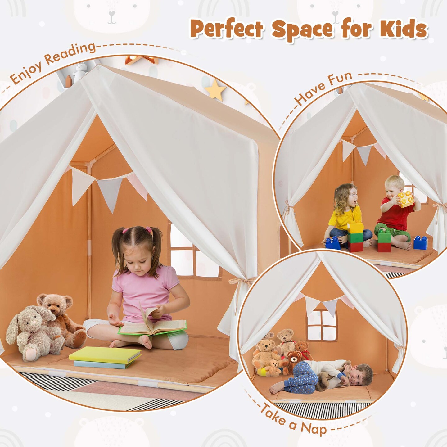 Costway Kid&#x27;s Play Tent Toddler Playhouse Castle Solid Wood Frame with Washable Mat Orange/Pink