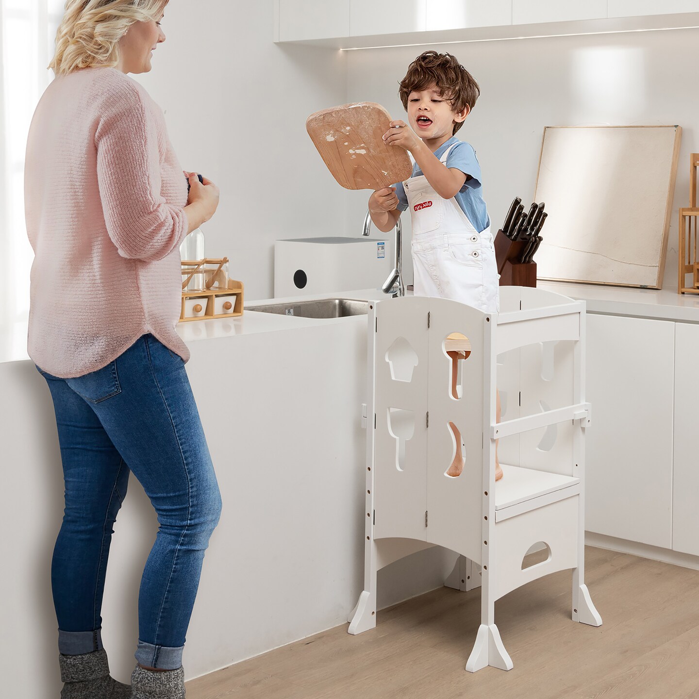 Costway Folding Kitchen Kids Step Ladder Stool Wooden Toddler Safety Tower Helper Coffee/White