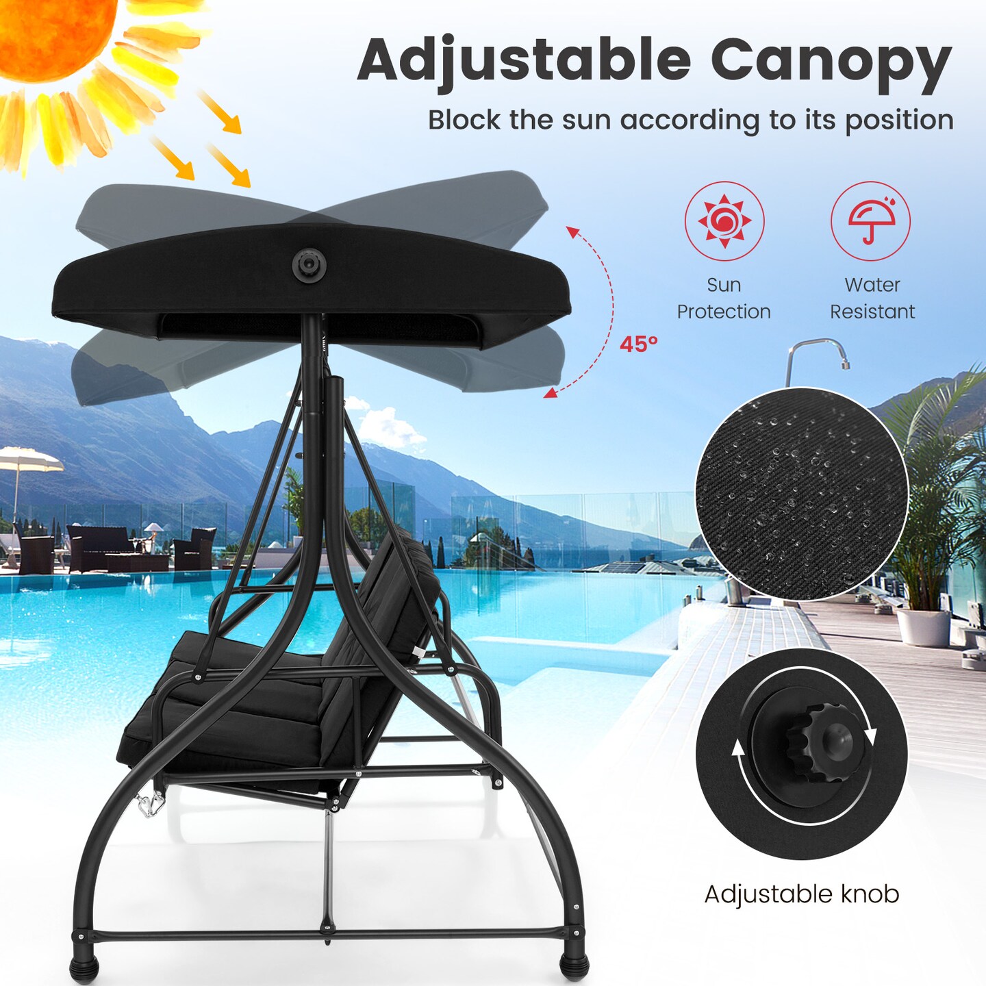 Costway 3-Seat Outdoor Converting Patio Swing Glider Adjustable Canopy Porch Swing Coffee/Black/Wine
