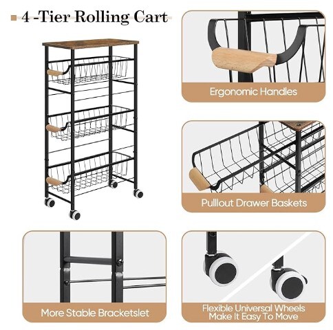 4-Tier Narrow Rolling Cart&#xFF0C;with Pull-Out Iron Basket, Sturdy Slim Storage Cabinet Iron and Wood Combination&#xFF0C;Ideal for Kitchen