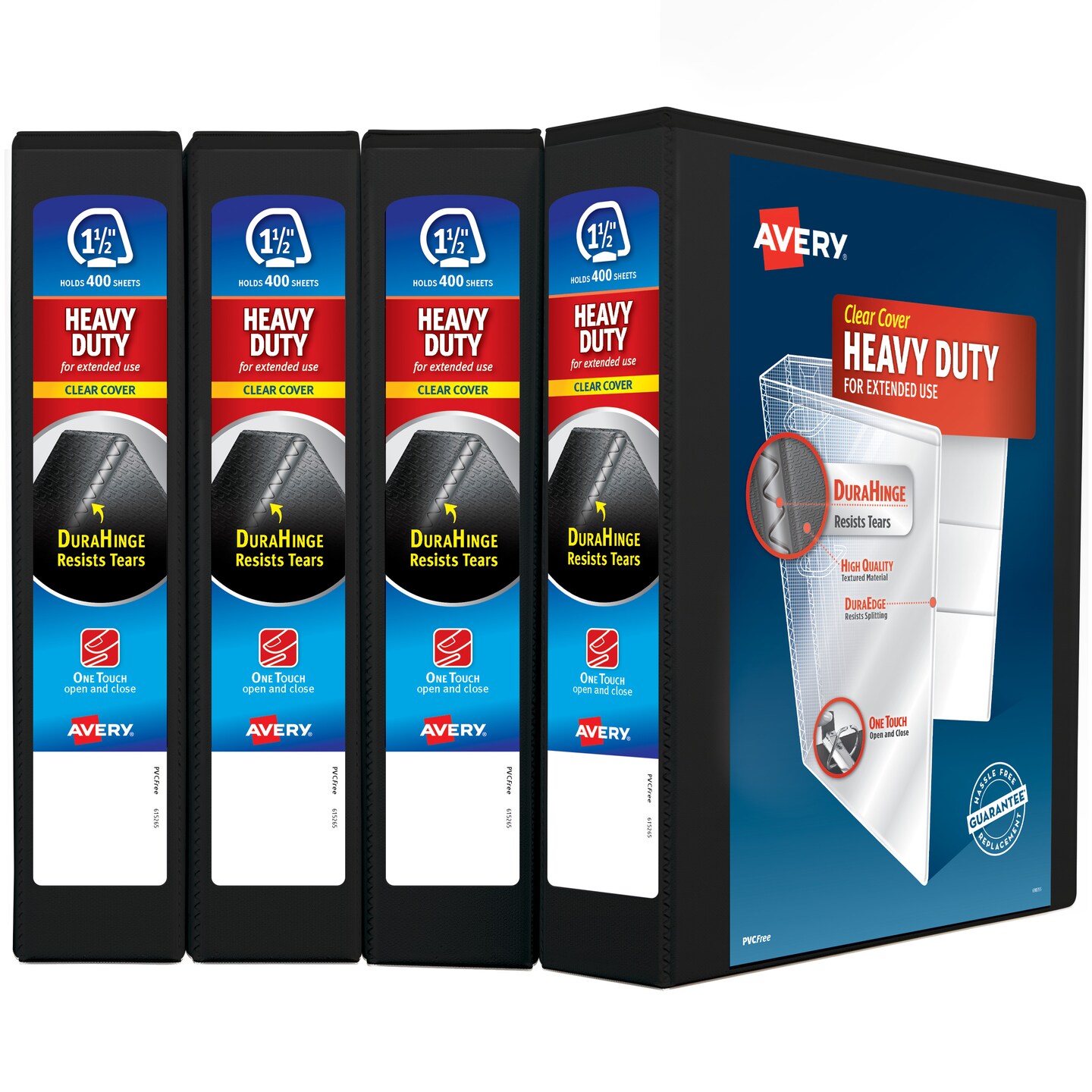 Avery Heavy-Duty View 3 Ring Binders, 1.5&#x22;One Touch Slant Rings, 4 Black Binders (79870)