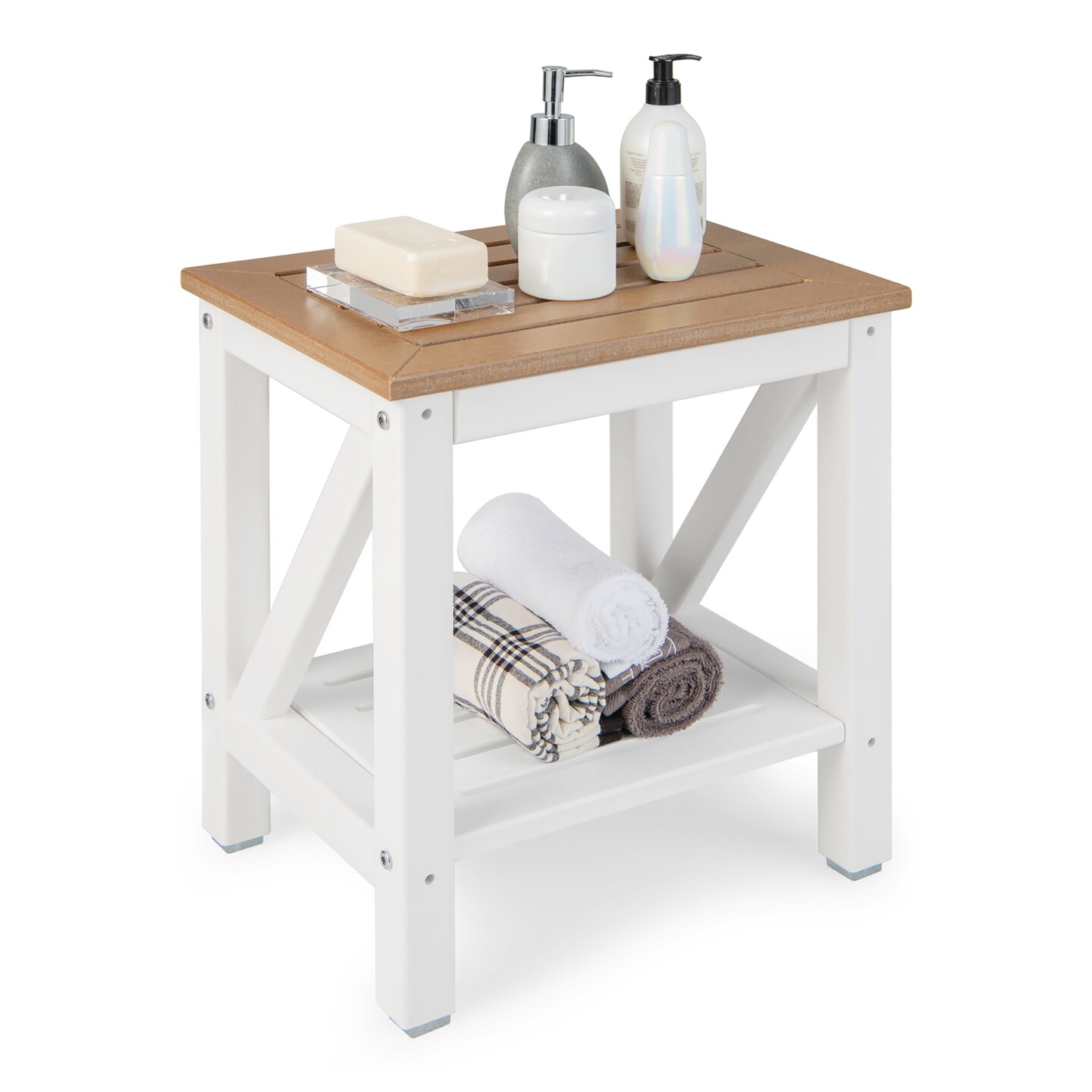 Costway 2-Tier Heavy Duty Waterproof HDPE Shower Bench Stool with Bottom Storage Shelf Off  White &#x26; Brown