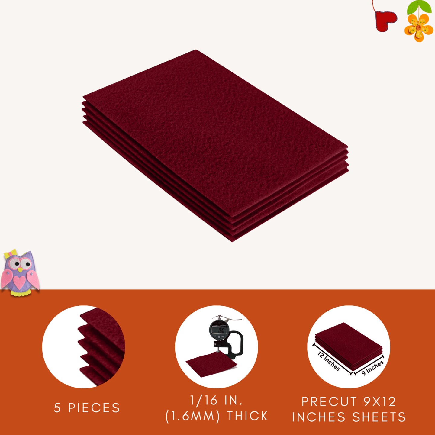 FabricLA Acrylic Felt Sheets for Crafts - Precut 9" X 12" Inches (20 cm X 30 cm) Felt Squares - Use Felt Fabric Craft Sheets for DIY, Costume, and Decoration | Red - 5 Pieces